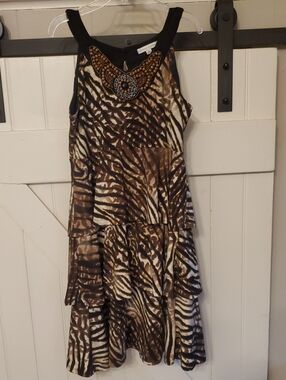 Beaded-Neck Animal Print Tiered Dress - Brown
